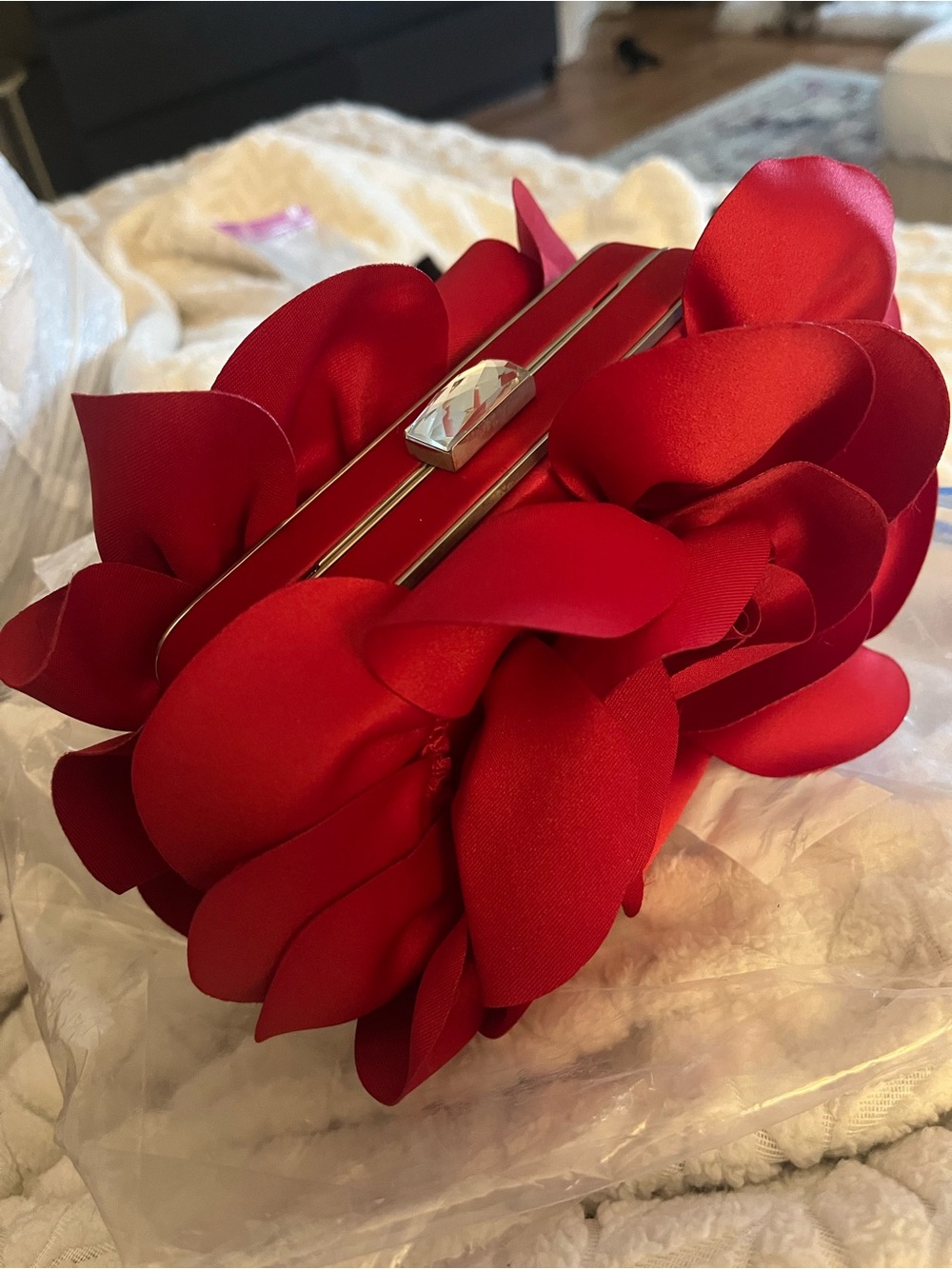 Sondra Roberts Red Satin Flower Clutch Crystal Clasp Evening Bag
